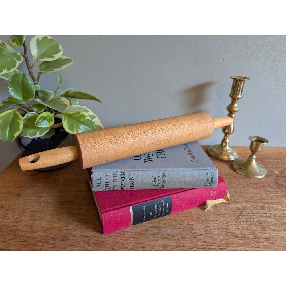 Vintage Solid Wood Rolling Pin with Rotating Handles Farmhouse Kitchen Decor